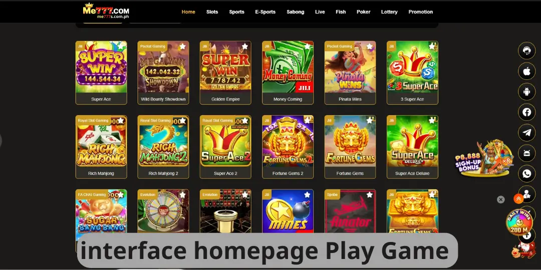 Me777 Casino 2 interface home page play game me777